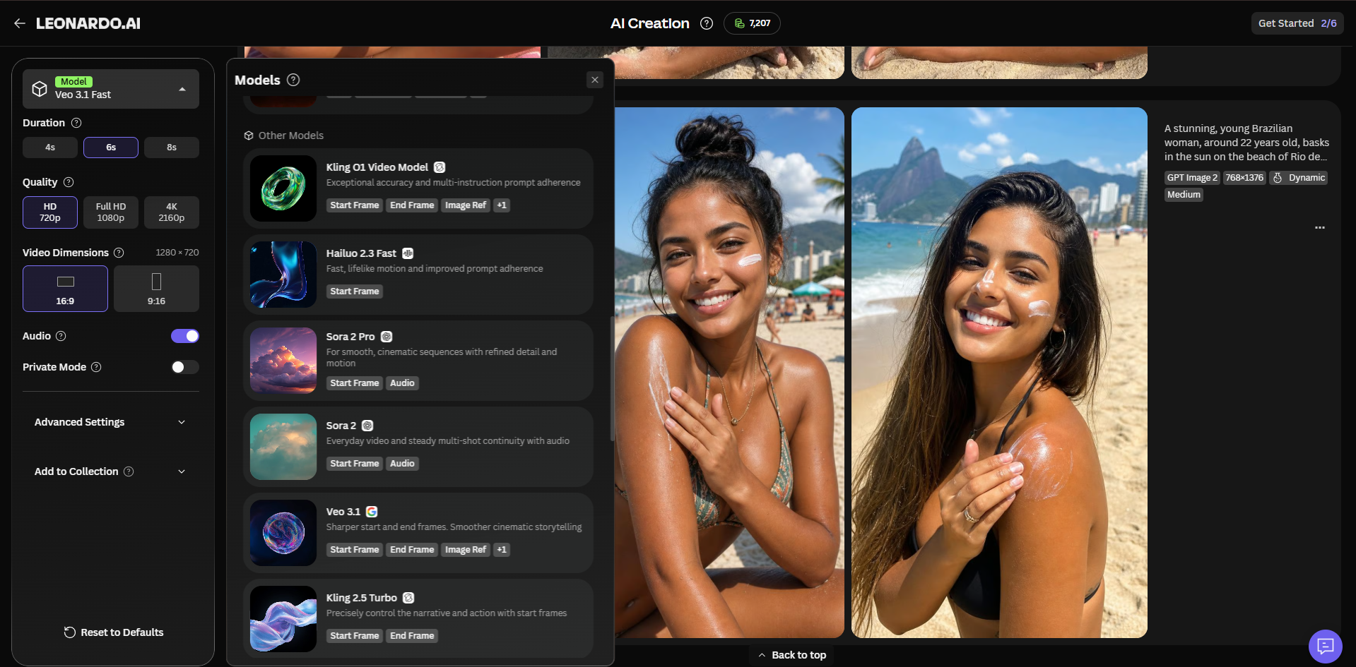 Painel de configurações e modelos disponíveis